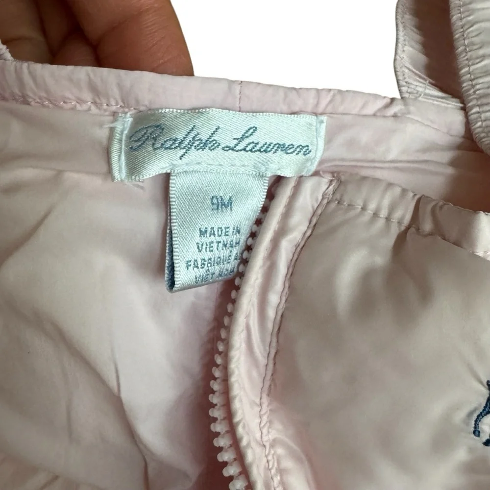 Ralph Lauren Pink Snowsuit Bib Baby Girl 9M White Duck Down Filler